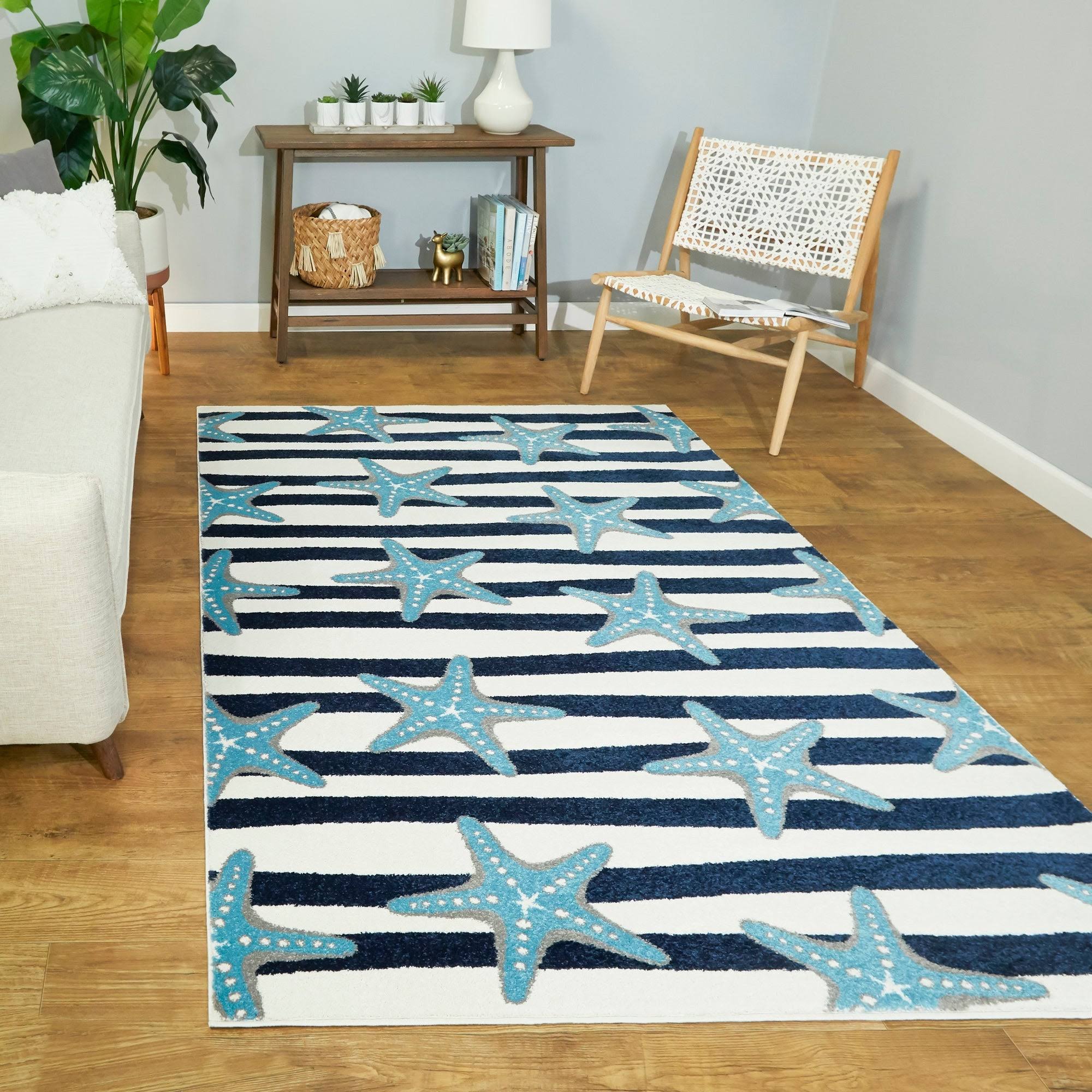 BALTA Sereia Starfish Print Striped Navy/Teal 8 ft. x 10 ft. Area Rug