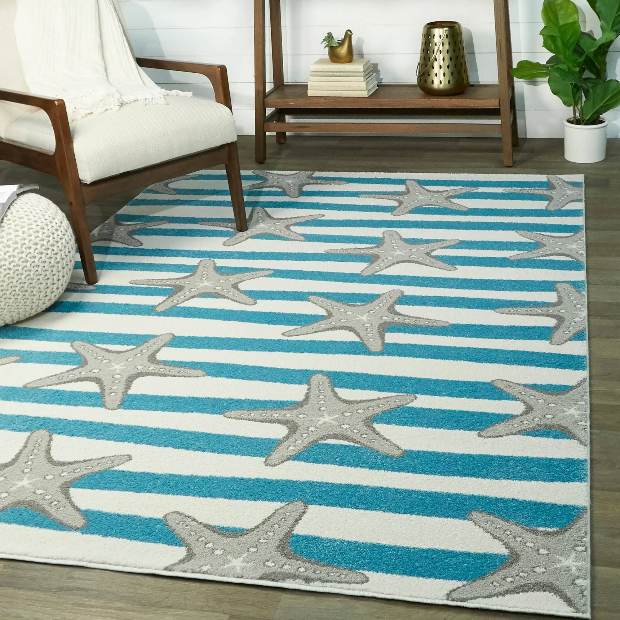 Balta Sereia Starfish Print Striped Teal/Grey 5 ft. x 7 ft. Area Rug