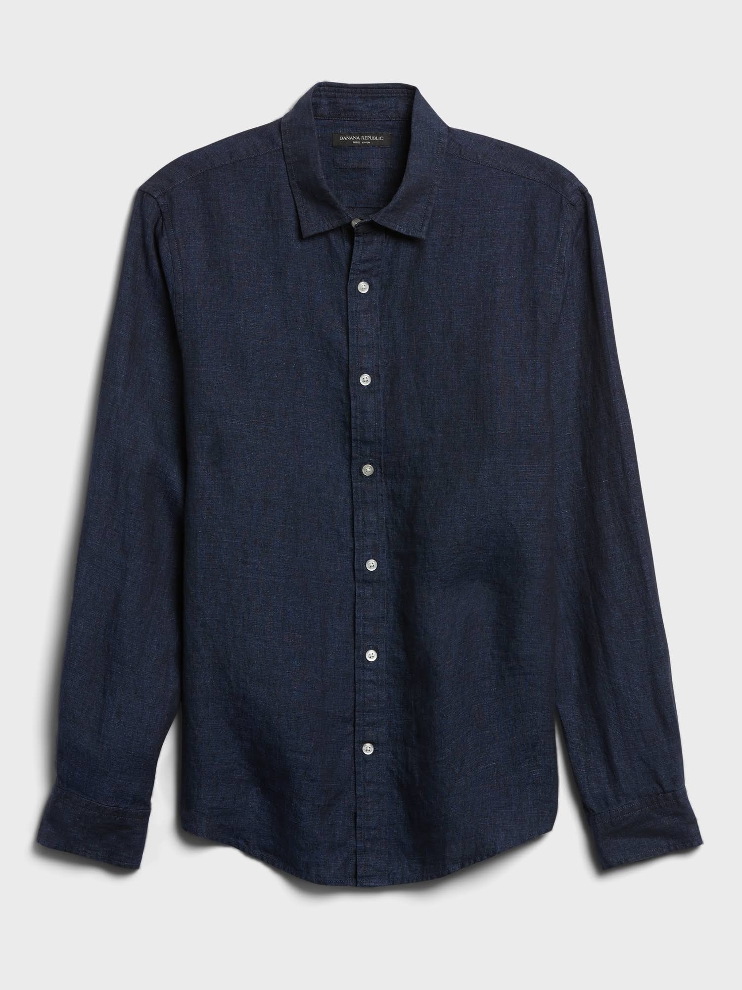 Banana Republic Men's Untucked Slim-Fit Linen-Cotton Shirt Navy Linen Size S
