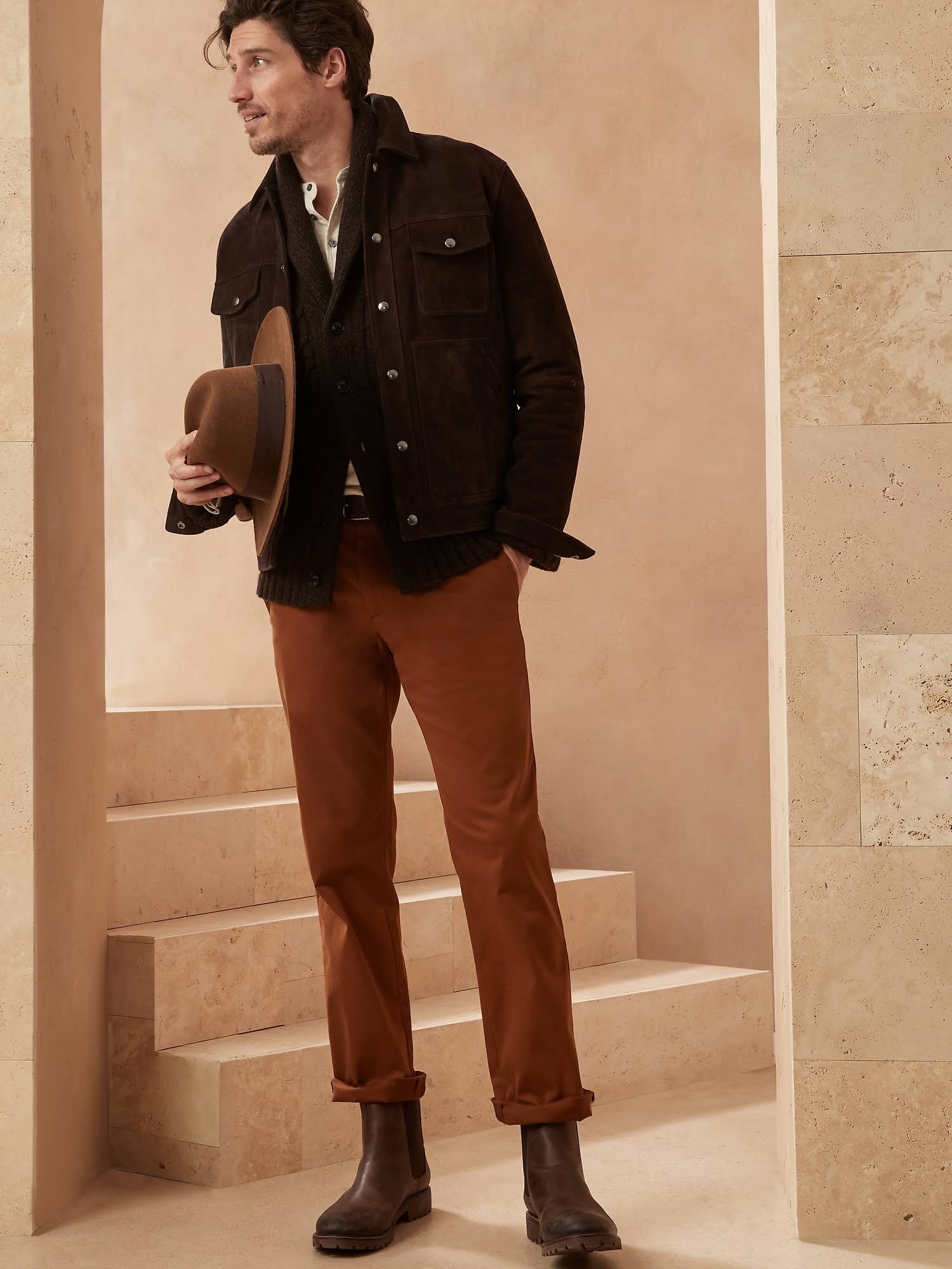 Banana Republic men's Aiden Slim Rapid Movement Chino Pant Rust Brown Tall Size 36W 36L