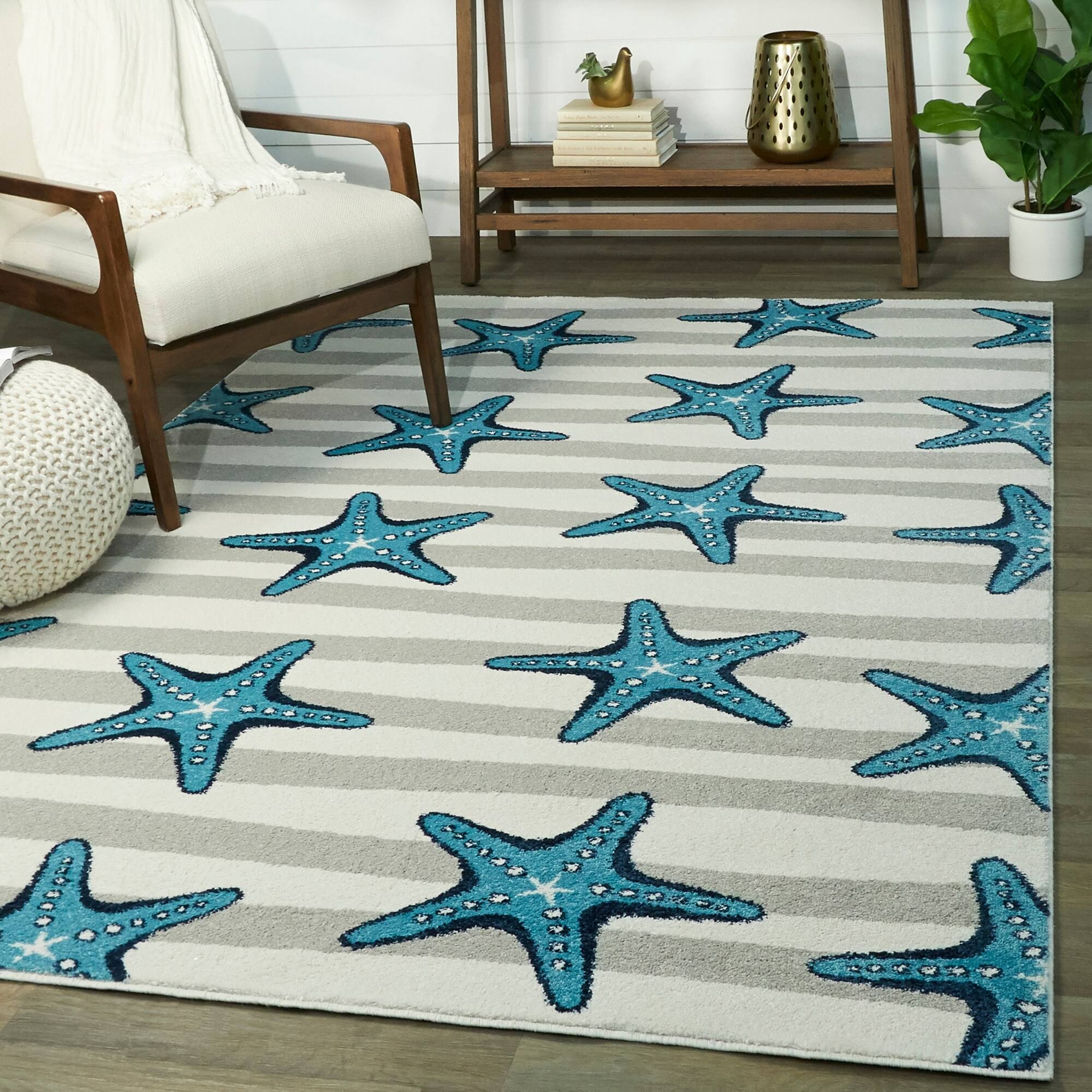 BALTA Sereia Starfish Print Striped Grey/Teal 5 ft. x 7 ft. Area Rug