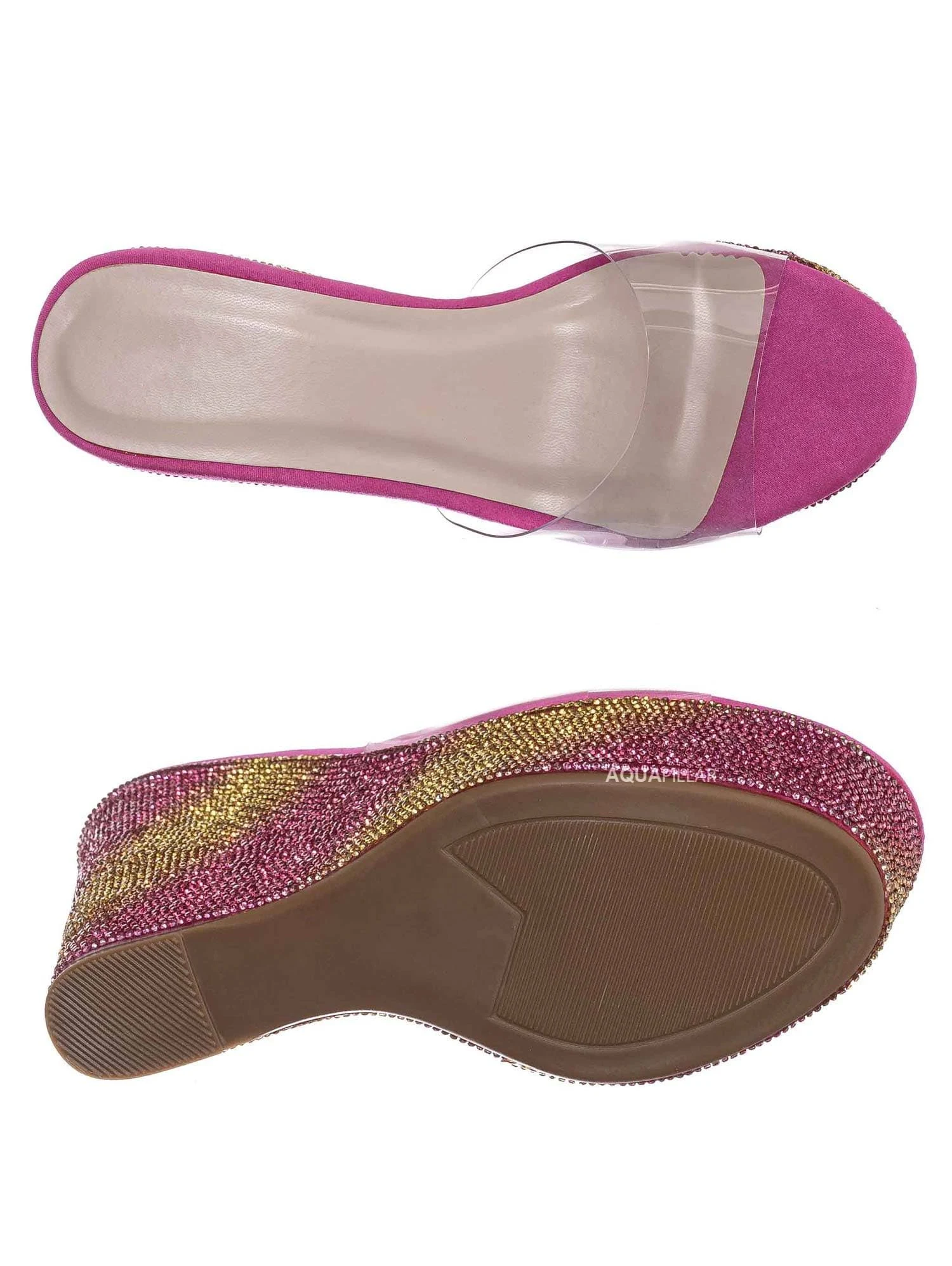 Bamboo Lucite Rhinestone Platform Wedge - Clear Transparent Slipper Sandal, Pink and Yellow