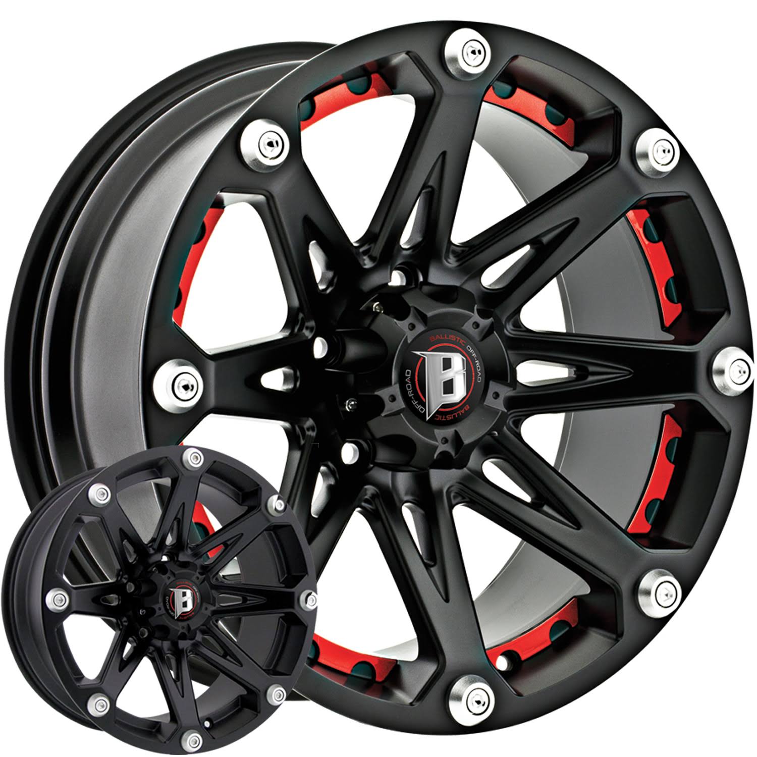 17x22 inch Ballistic 814 Jester 17x9 6x135 -12mm Flat Black Wheel Rim