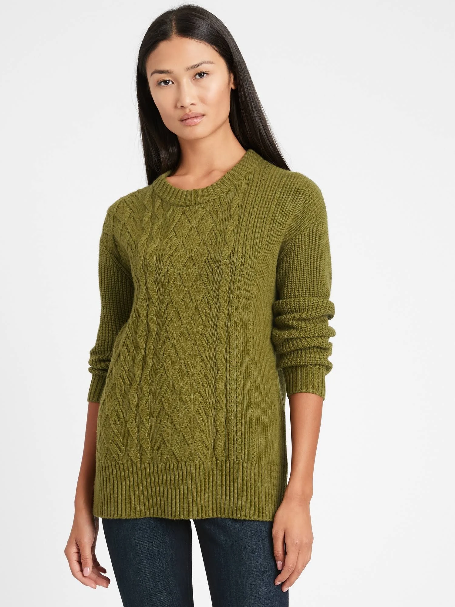 Banana Republic Women's Cable-Knit Sweater Tunic Dark Olive Green Size Xs