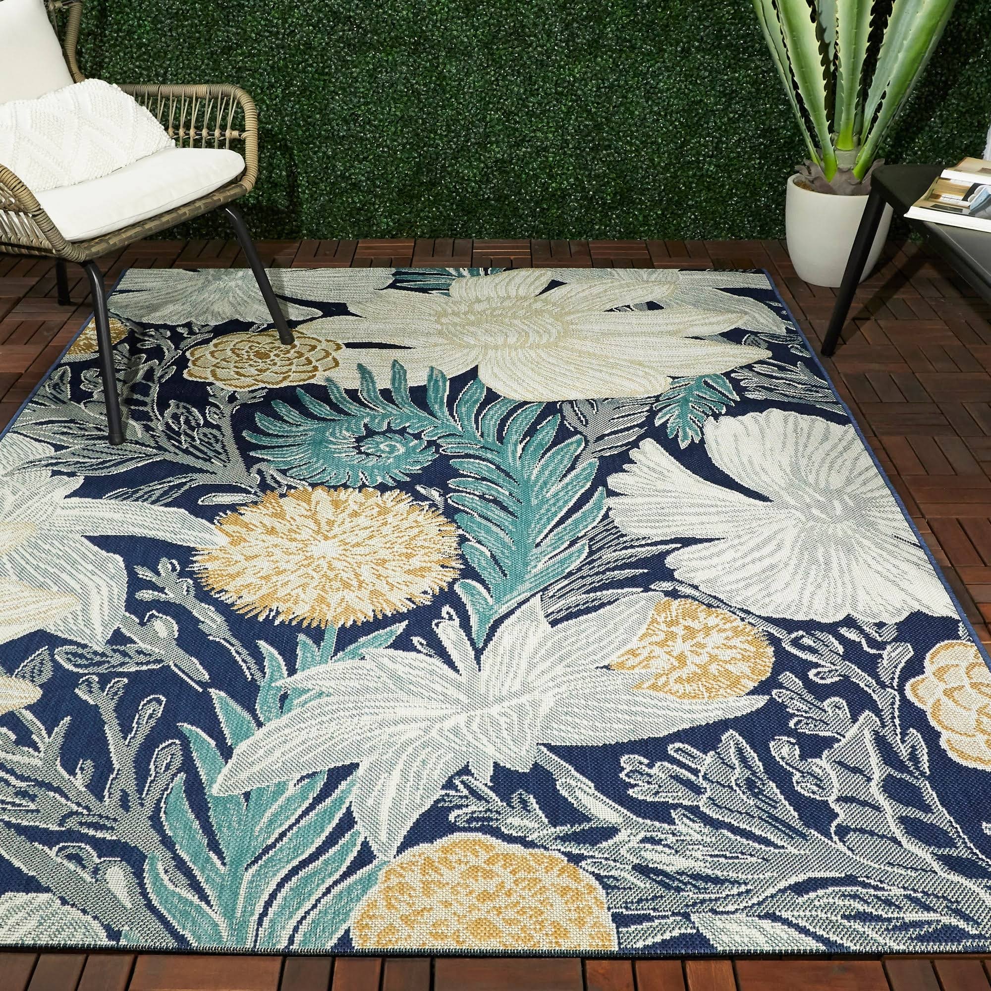 Woodcut Floral Outdoor Rug - 5&x7& - Threshold, Blue Green