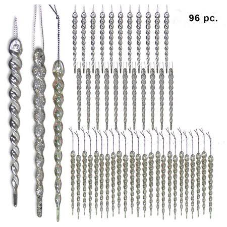 Silver and Clear Iridescent Icicle Ornaments - Set of 96 Assorted Shatterproof Icicles - 24 Shiny Silver Icicles - 24 Glitter Si