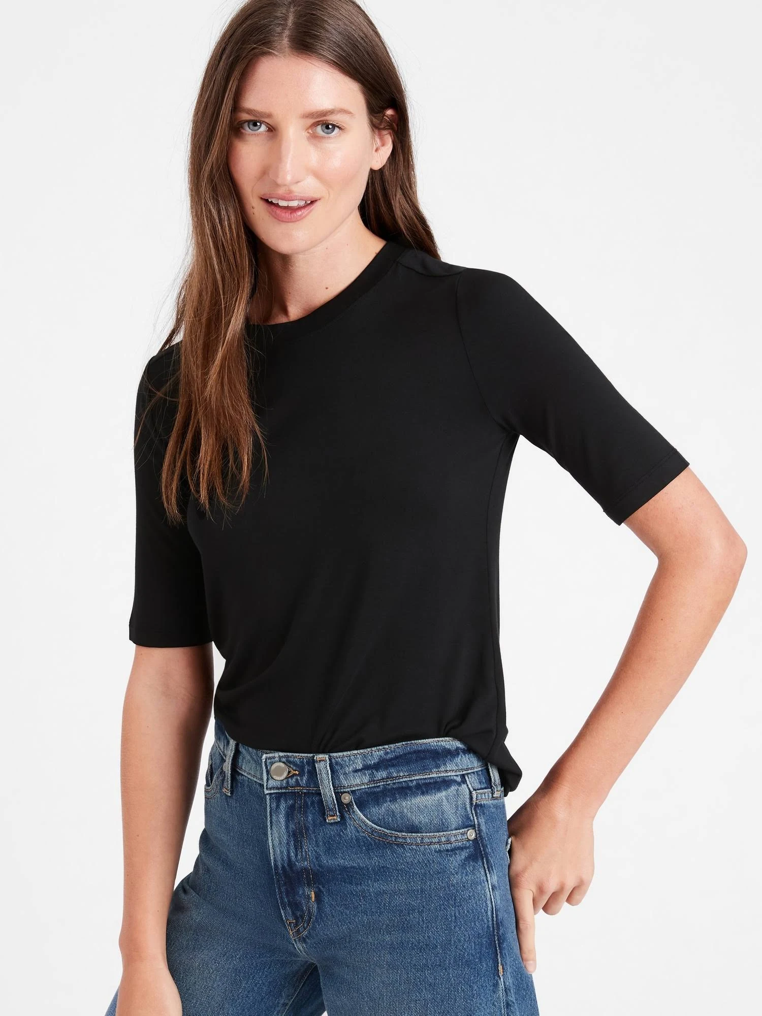 Banana Republic Women's Threadsoft Elbow-Sleeve T-Shirt Black Size Xxs