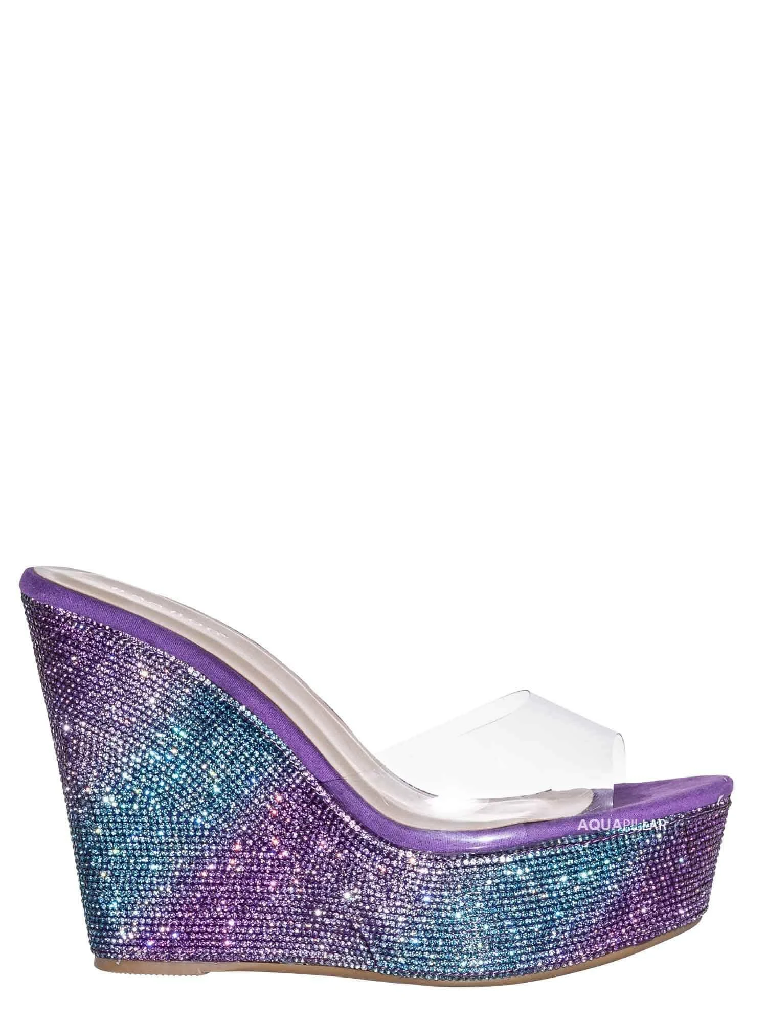 Bamboo Lucite Rhinestone Platform Wedge - Clear Transparent Slipper Sandal, Peach Purple