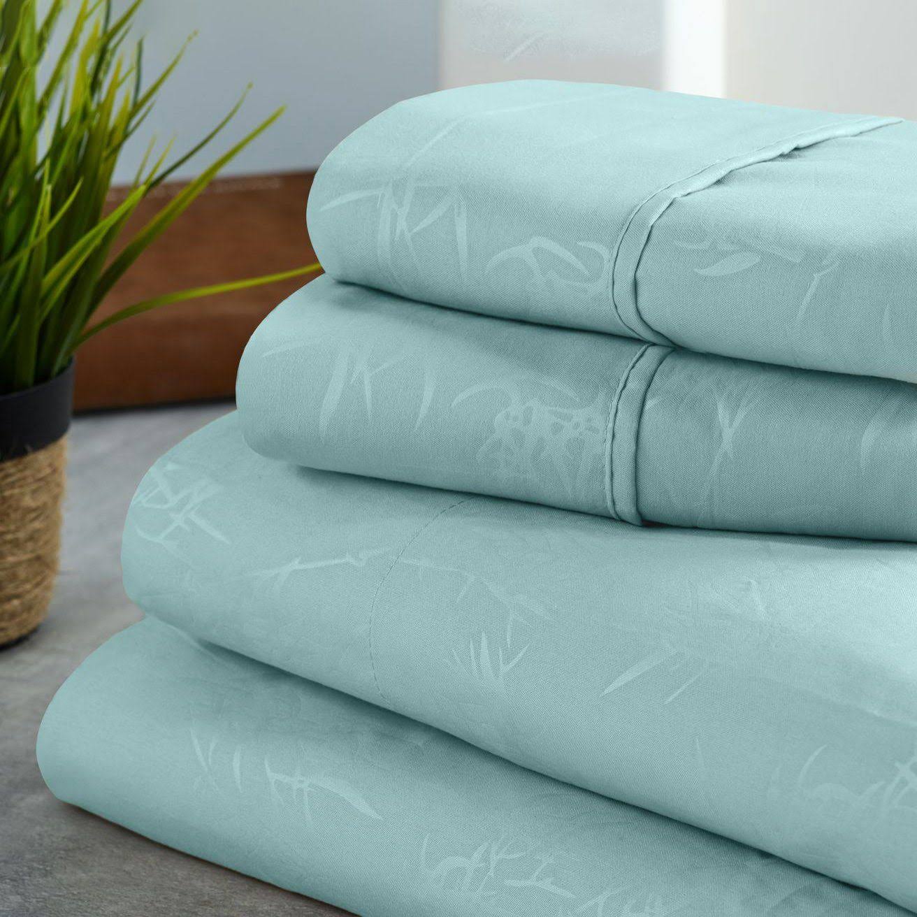 Bamboo 1800 Count Leaf Embossed Bed Sheet Set Aqua / Queen