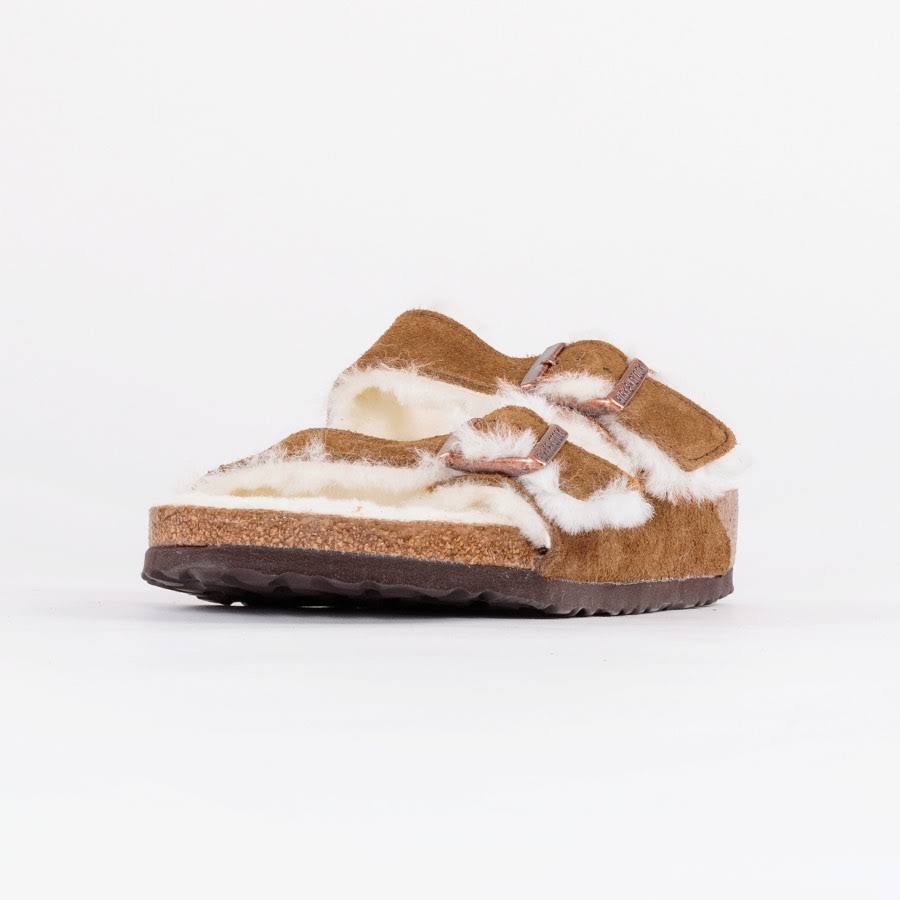 Birkenstock Arizona Suede Leather Mink Shearling Two-Strap Sandals