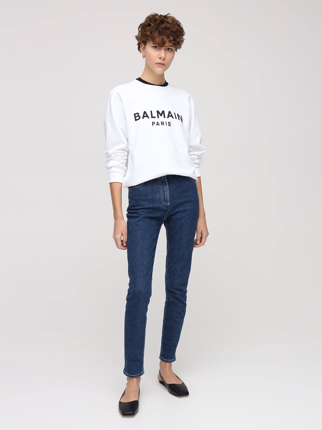 Balmain | Women Logo Printed Cotton Sweatshirt White/Black S