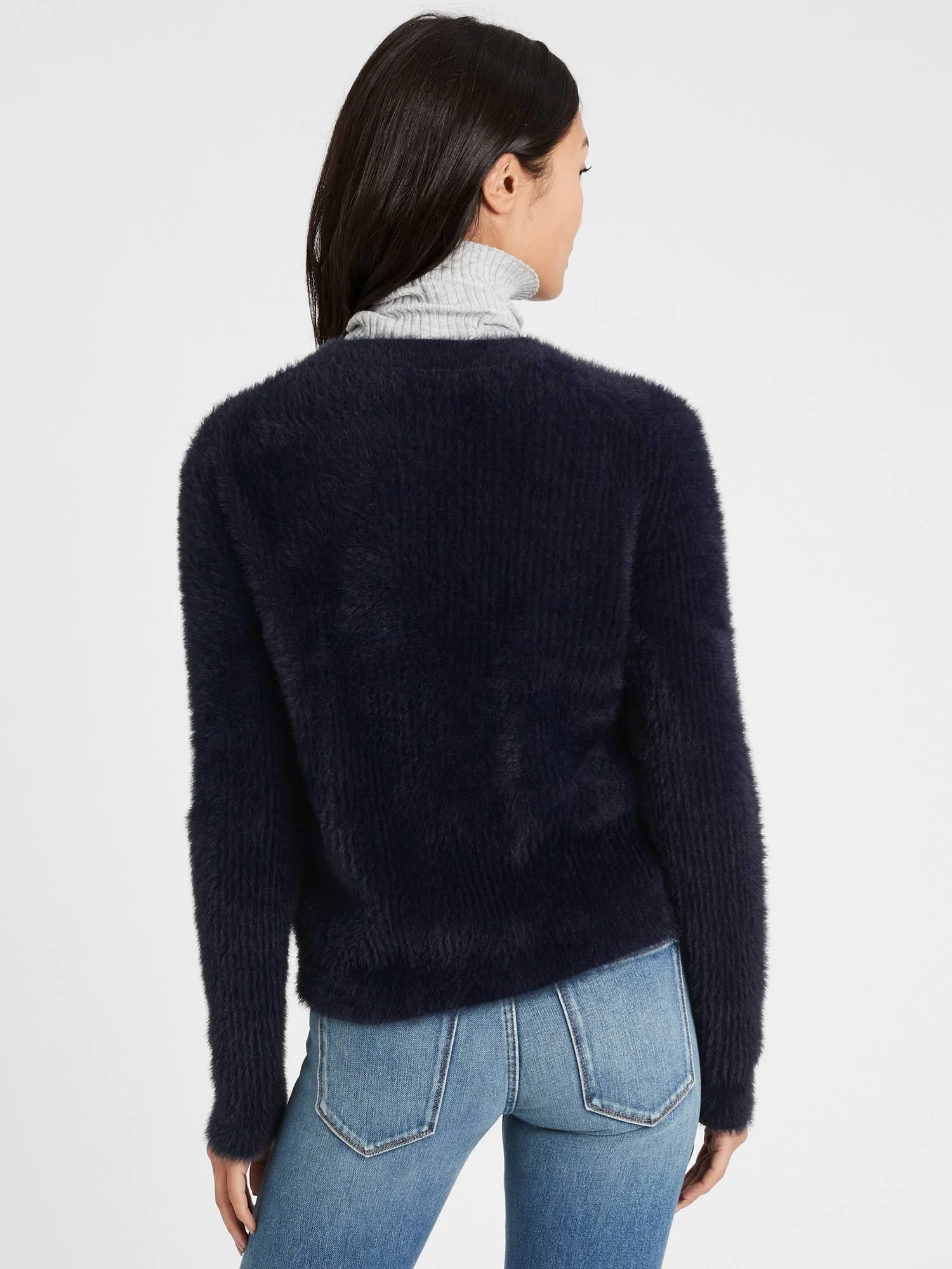 Banana Republic Women's Fuzzy Cropped Cardigan Sweater Navy Size XL