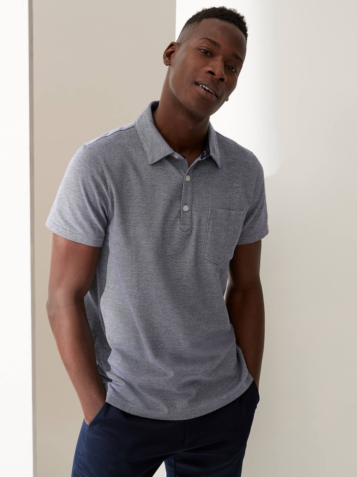 Banana Republic Men's Don&t-Sweat-It Polo Shirt Heather Navy Blue Size XXL