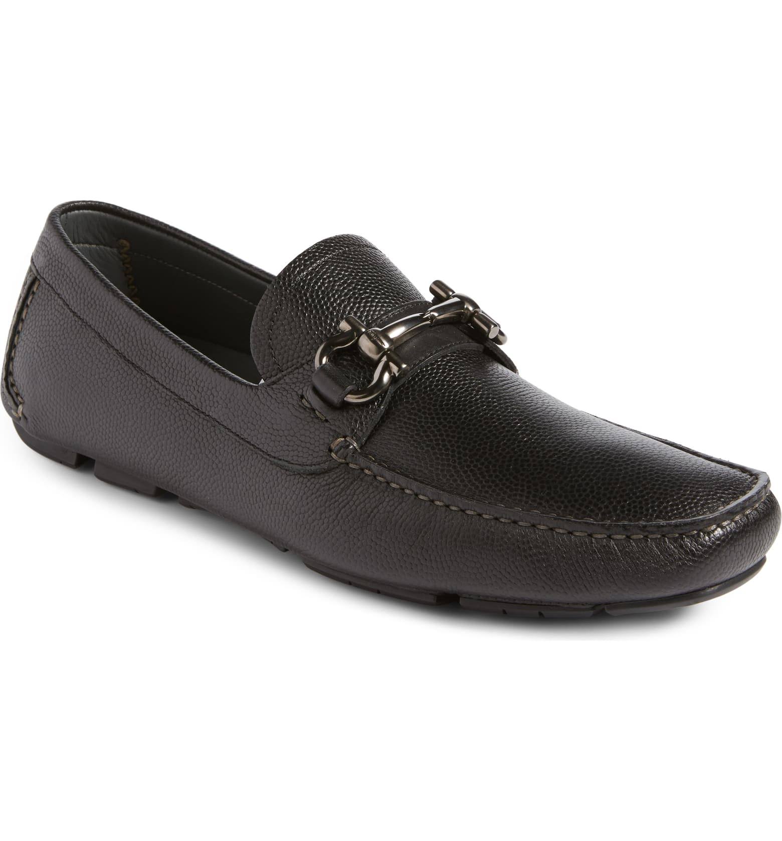 Salvatore Ferragamo Men's Parigi Double Gancini Bit Pebbled Leather Loafers - 13EE / Nero Black
