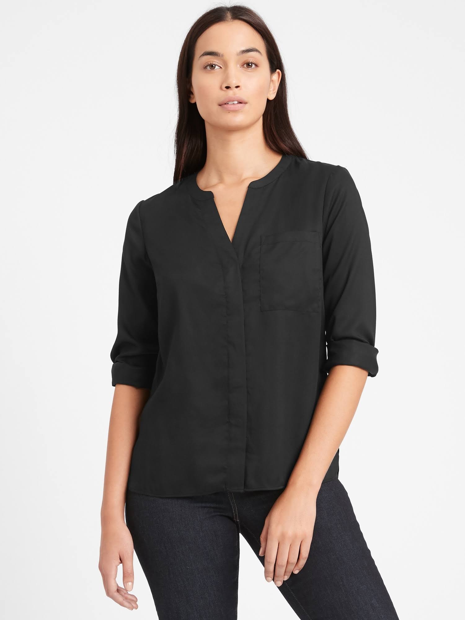 Banana Republic Women's Banded Collar Shirt Black Size Xs