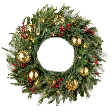 Balsam Hill Pine Peak Artificial 28 in Prelit Holiday Christmas Wreath w/ Lights, Green