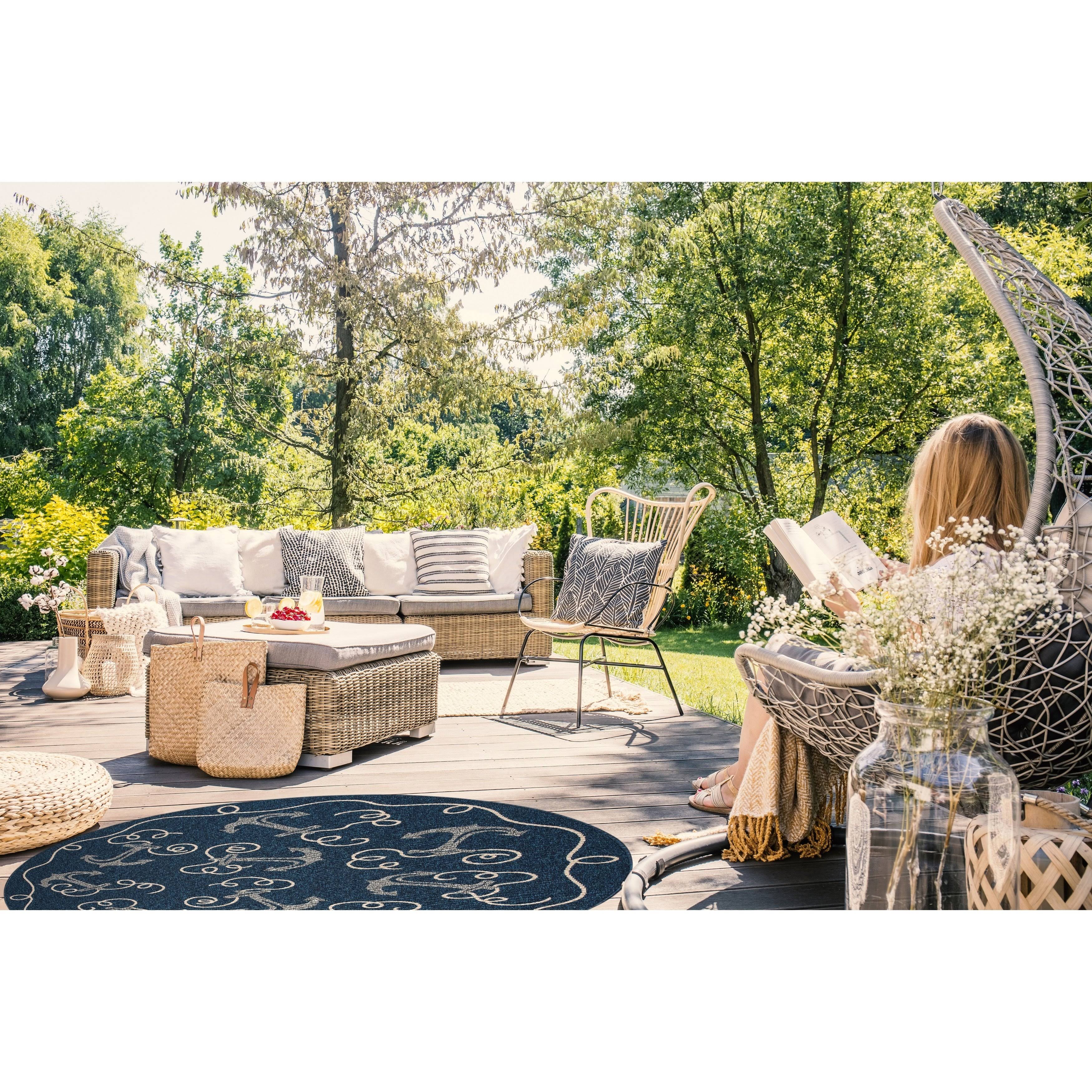 Gad Premium Indoor Outdoor Contemporary Anchor Area Rug (7&10x22x 10&2x22) Navy Blue