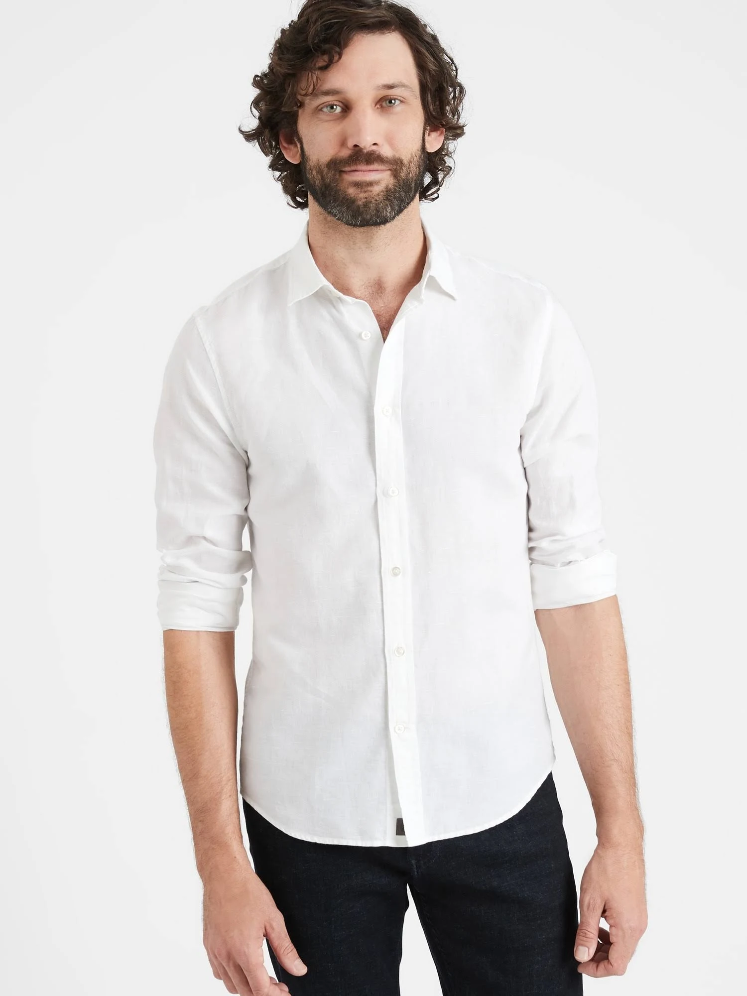Banana Republic Men's Untucked Slim-Fit Linen-Cotton Shirt White Size M