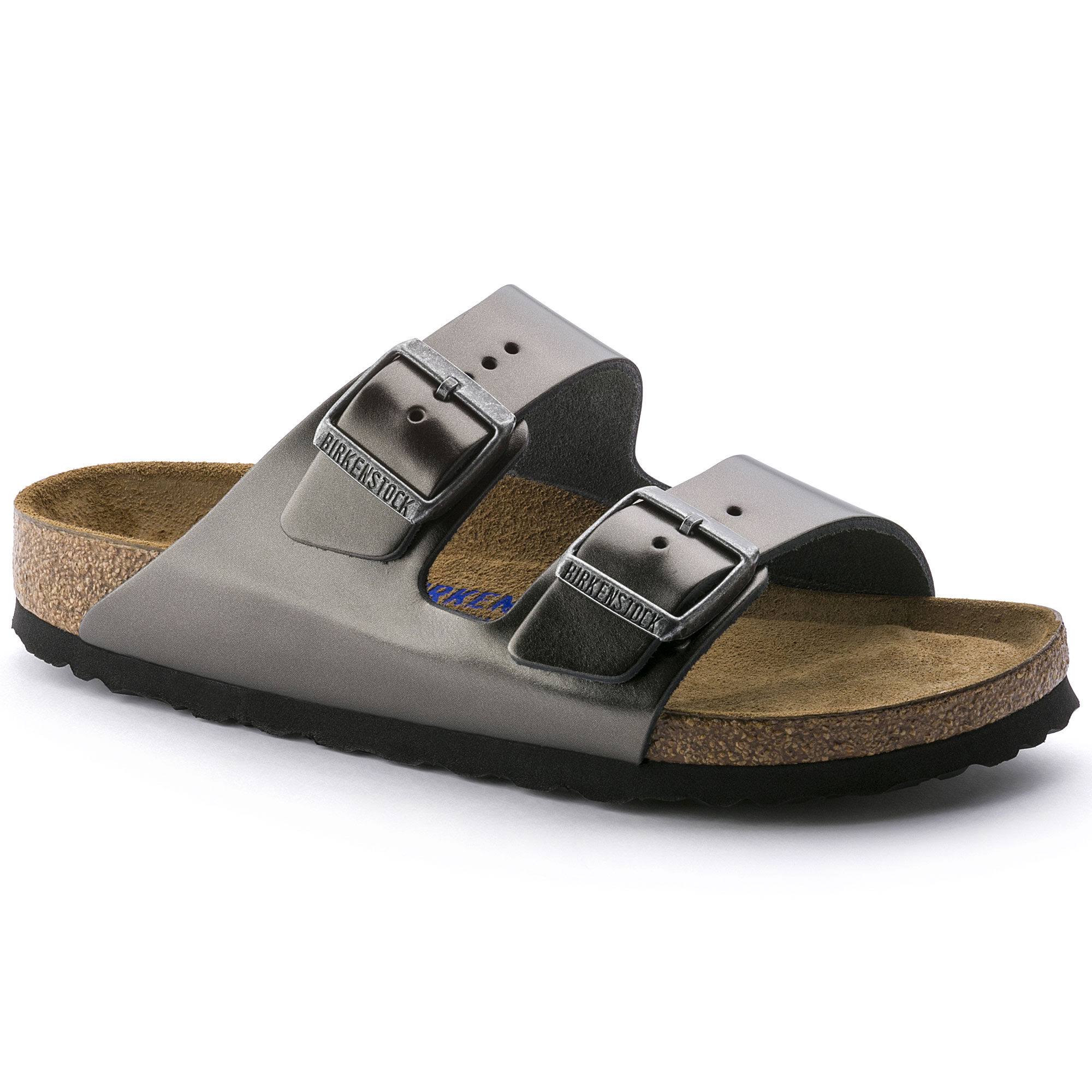 Birkenstock Arizona Leather Soft Footbed Narrow Sandals - Metallic Anthracite