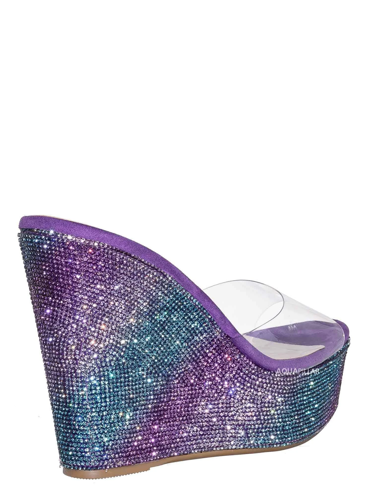 Bamboo Lucite Rhinestone Platform Wedge - Clear Transparent Slipper Sandal, Peach Purple