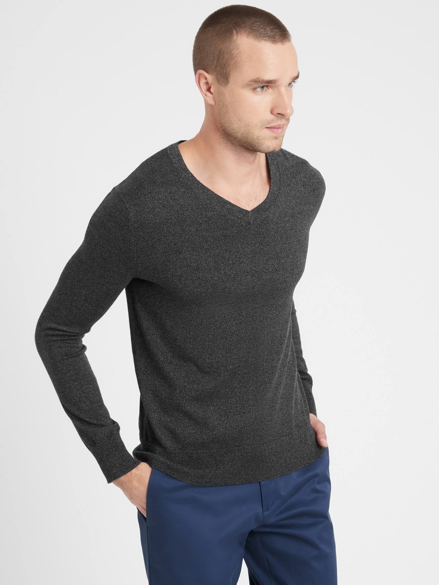 Banana Republic Men's Silk Cotton Cashmere V-Neck Sweater Smoke Gray Size Xxs