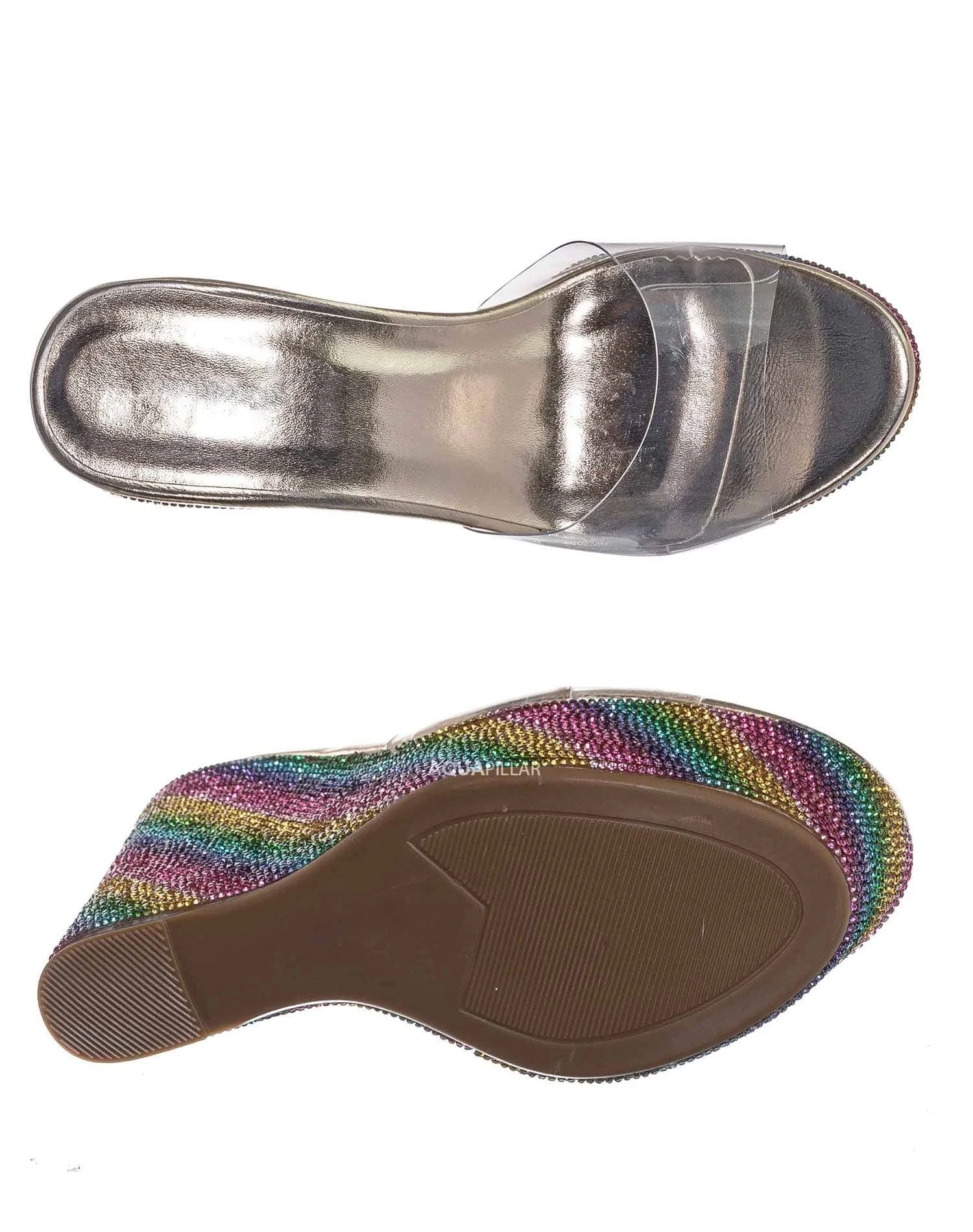 Bamboo Lucite Rhinestone Platform Wedge - Clear Transparent Slipper Sandal, Rainbow