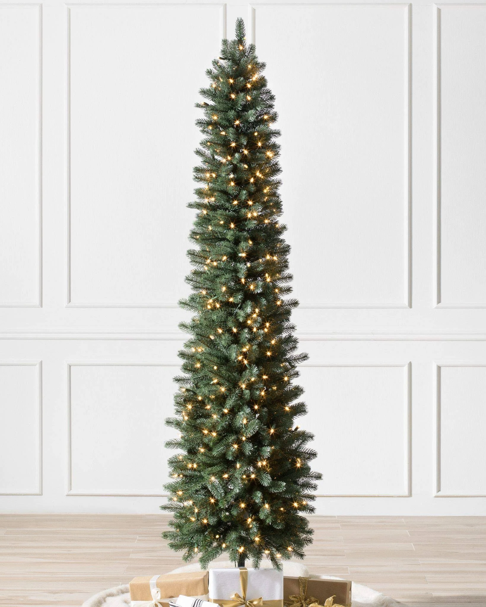 Balsam Hill 10ft Premium Pre-Lit Artificial Christmas Tree Sonoma Slim Pencil Tree with Clear LED Lights, Storage Bag, and Fluff