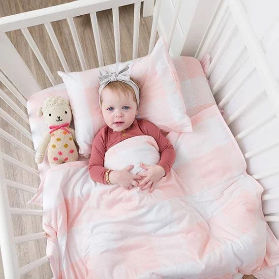 Four Piece Baby Crib Set - Pink Gingham Design