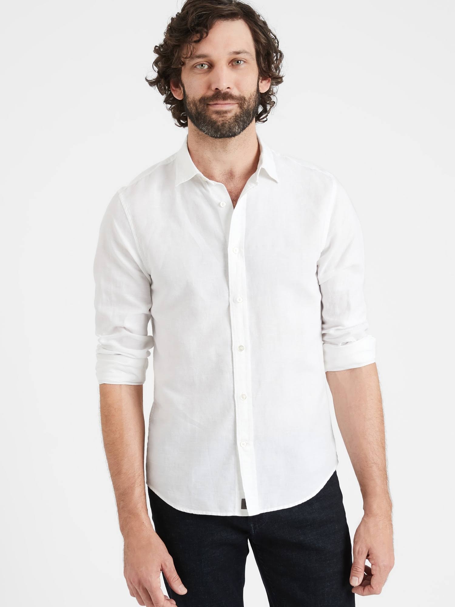 Banana Republic Men's Untucked Slim-Fit Linen-Cotton Shirt White Size S