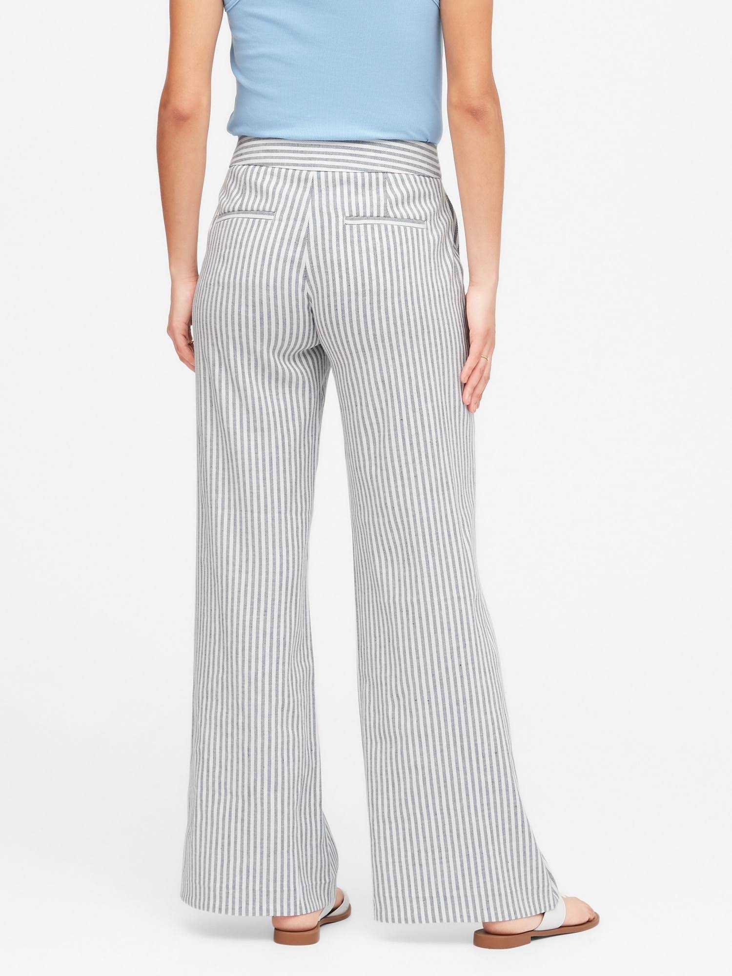 Banana Republic Women's High-Rise Wide-Leg Linen-Cotton Pant Navy Stripe Size 0 Regular