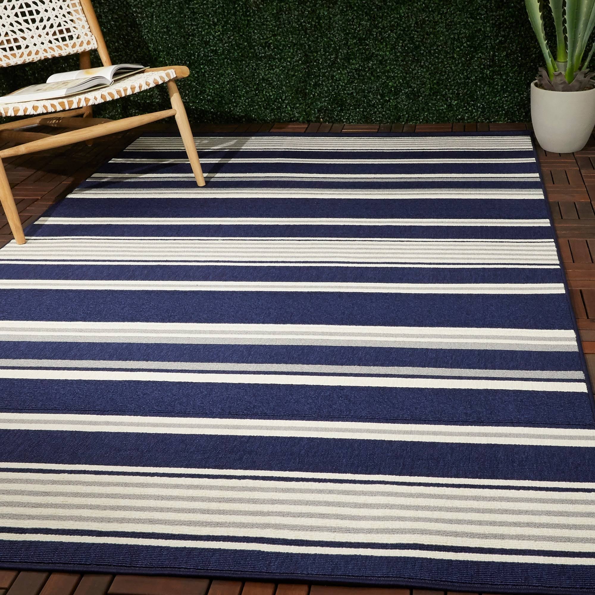 Hampton Bay Stripes Navy/White 8 ft. x 10 ft. Indoor/Outdoor Area Rug, Blue