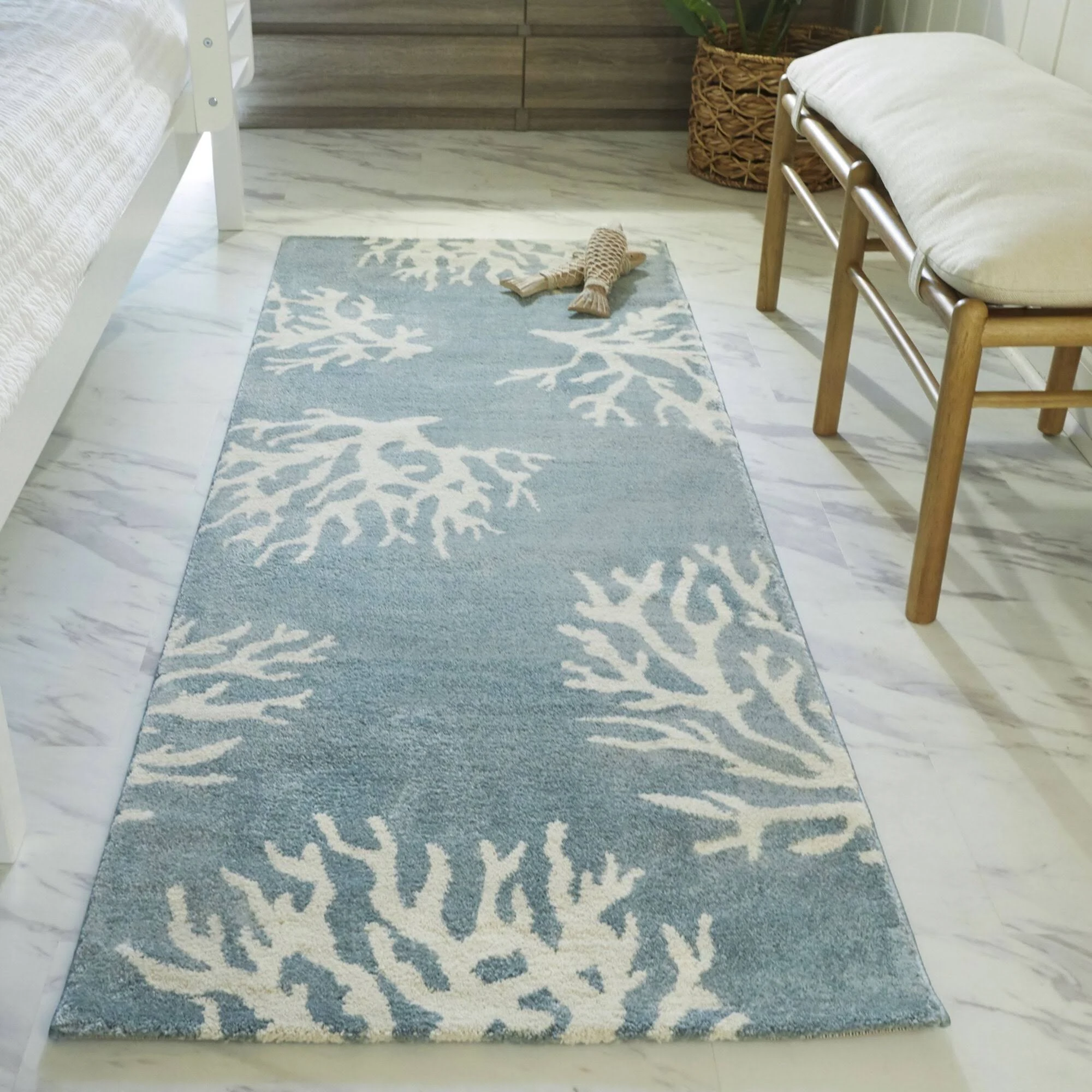 Caistor Coastal Coral Print Area Rug - Runner 2&7x22 x 7& - Light Blue