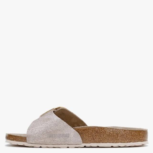 Birkenstock Madrid Big Buckle Washed Metallic Rose Gold Leather Mules