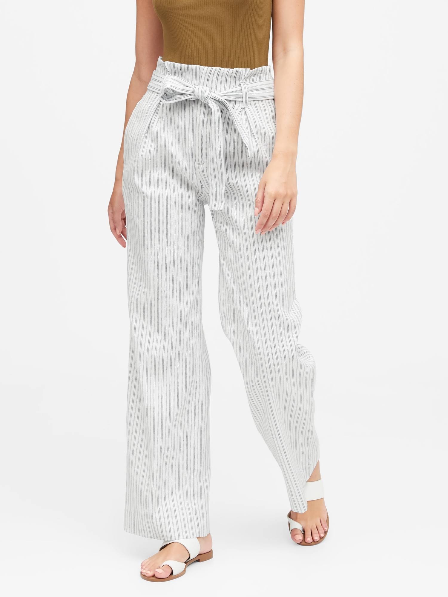 Banana Republic Women's High-Rise Wide-Leg Linen-Cotton Pant Navy & White Stripe Size 0 Short