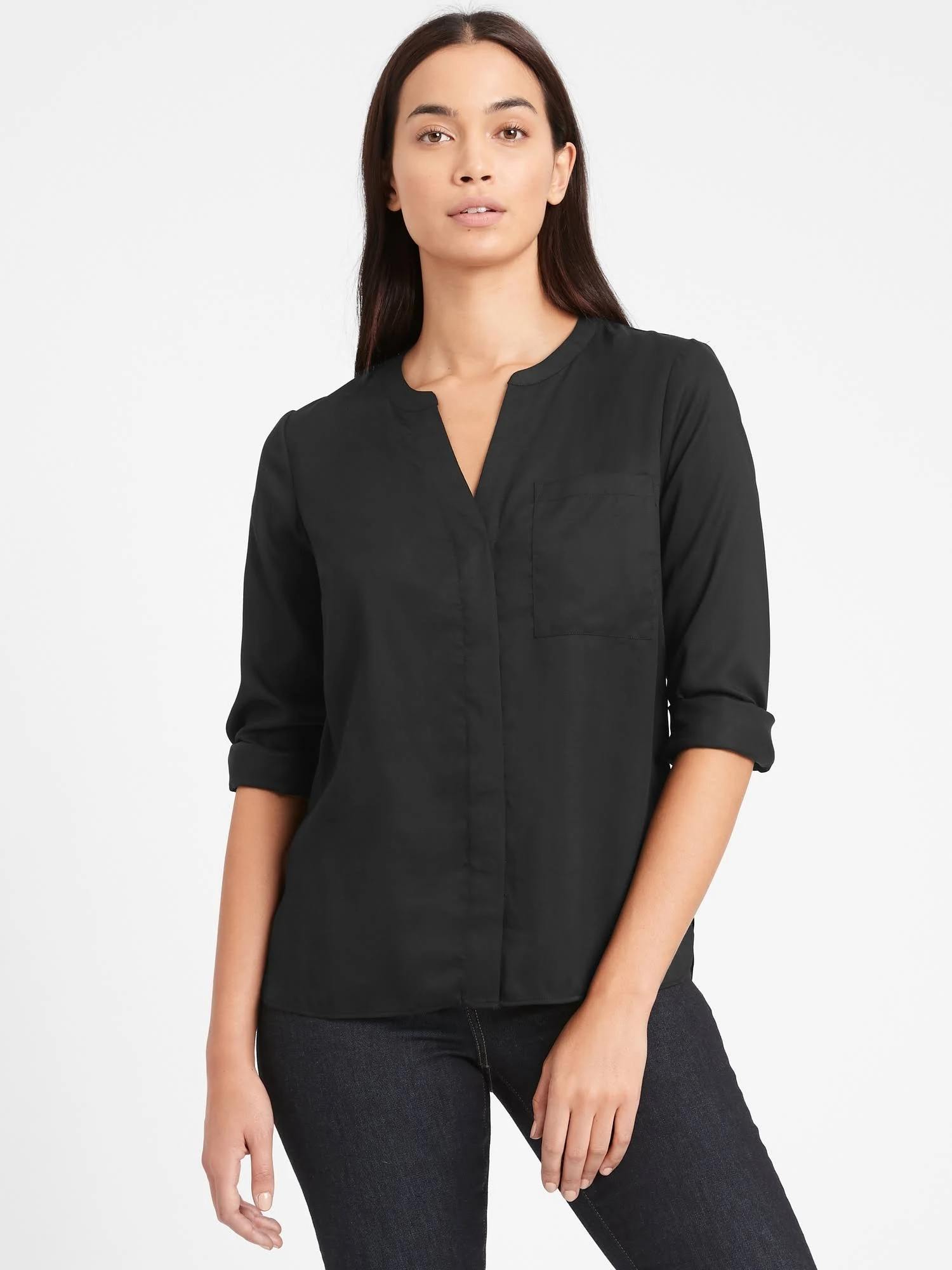 Banana Republic Women's Banded Collar Shirt Black Size Xxs