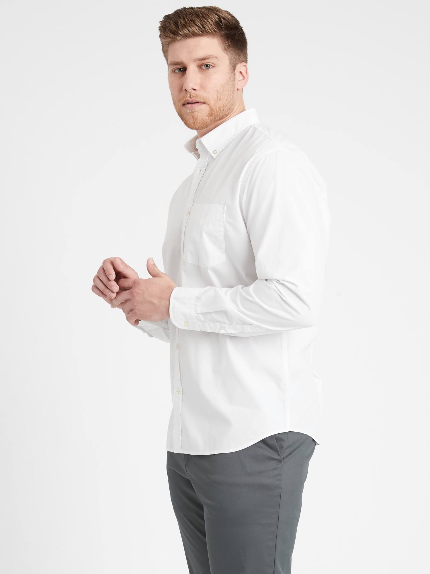 Banana Republic Men's Untucked Slim-Fit Organic Luxe Poplin Shirt White Tall Size L