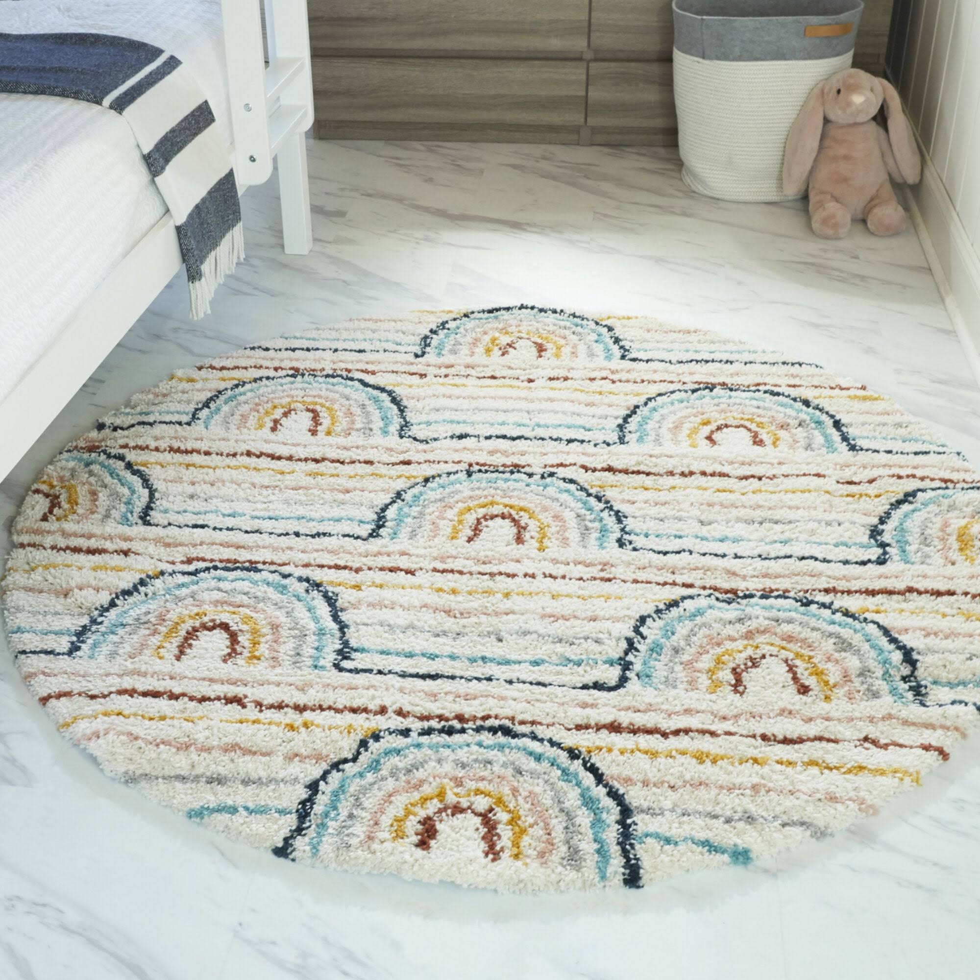 Hailey Kids Rainbow Print Moroccan Shag Boys & Girls Berber Area Rug - 5&3x22 Round - White