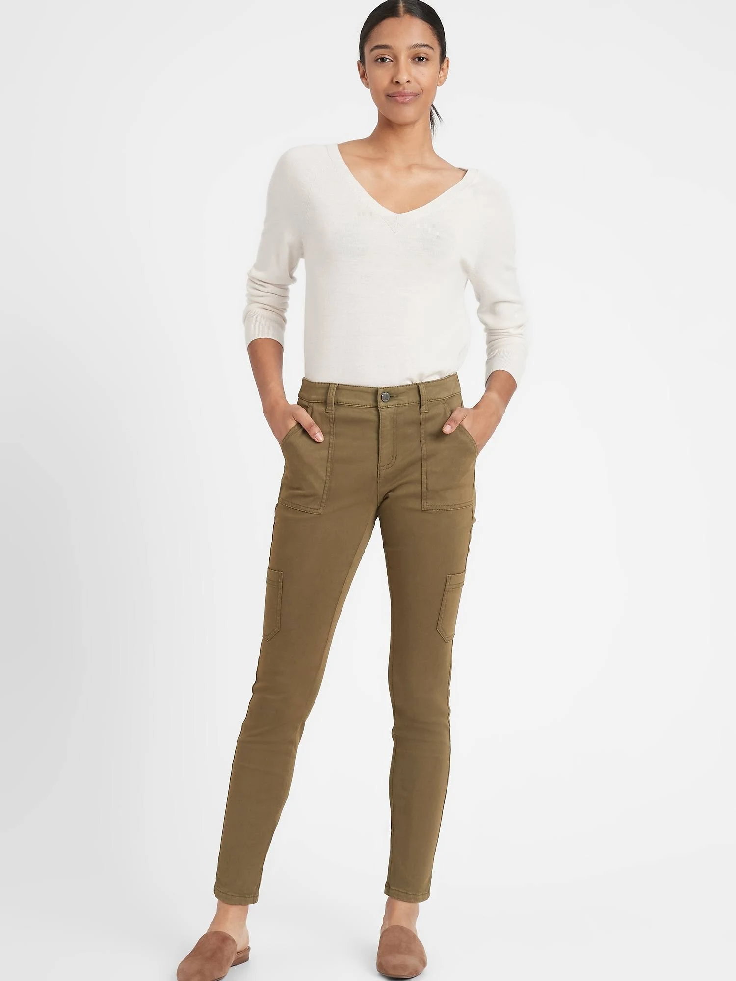 Banana Republic Women's Mid-Rise Skinny Cargo Chino Pant Olive Green Size 16 Short