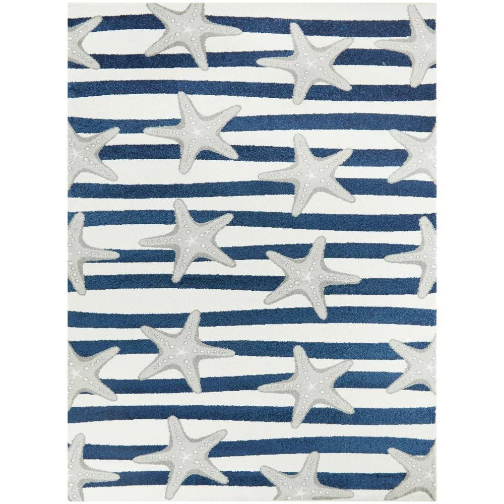 Balta Sereia Starfish Print Striped Navy/Grey 8 ft. x 10 ft. Area Rug