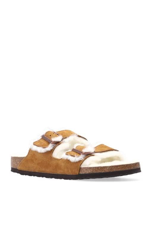 Birkenstock Arizona Suede Leather Mink Shearling Two-Strap Sandals