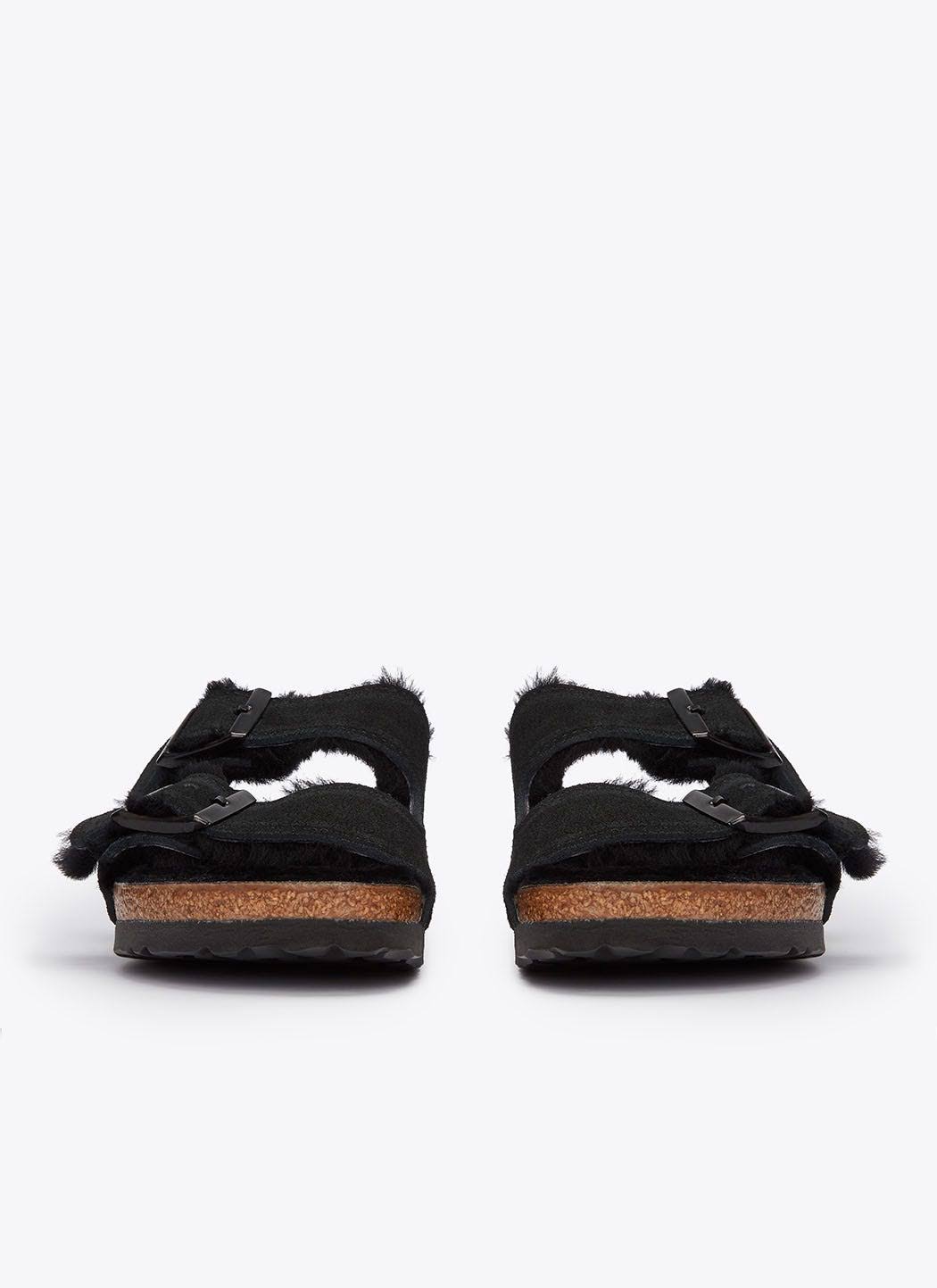 BIRKENSTOCK Arizona Suede Leather Black Shearling Two-Strap Sandals