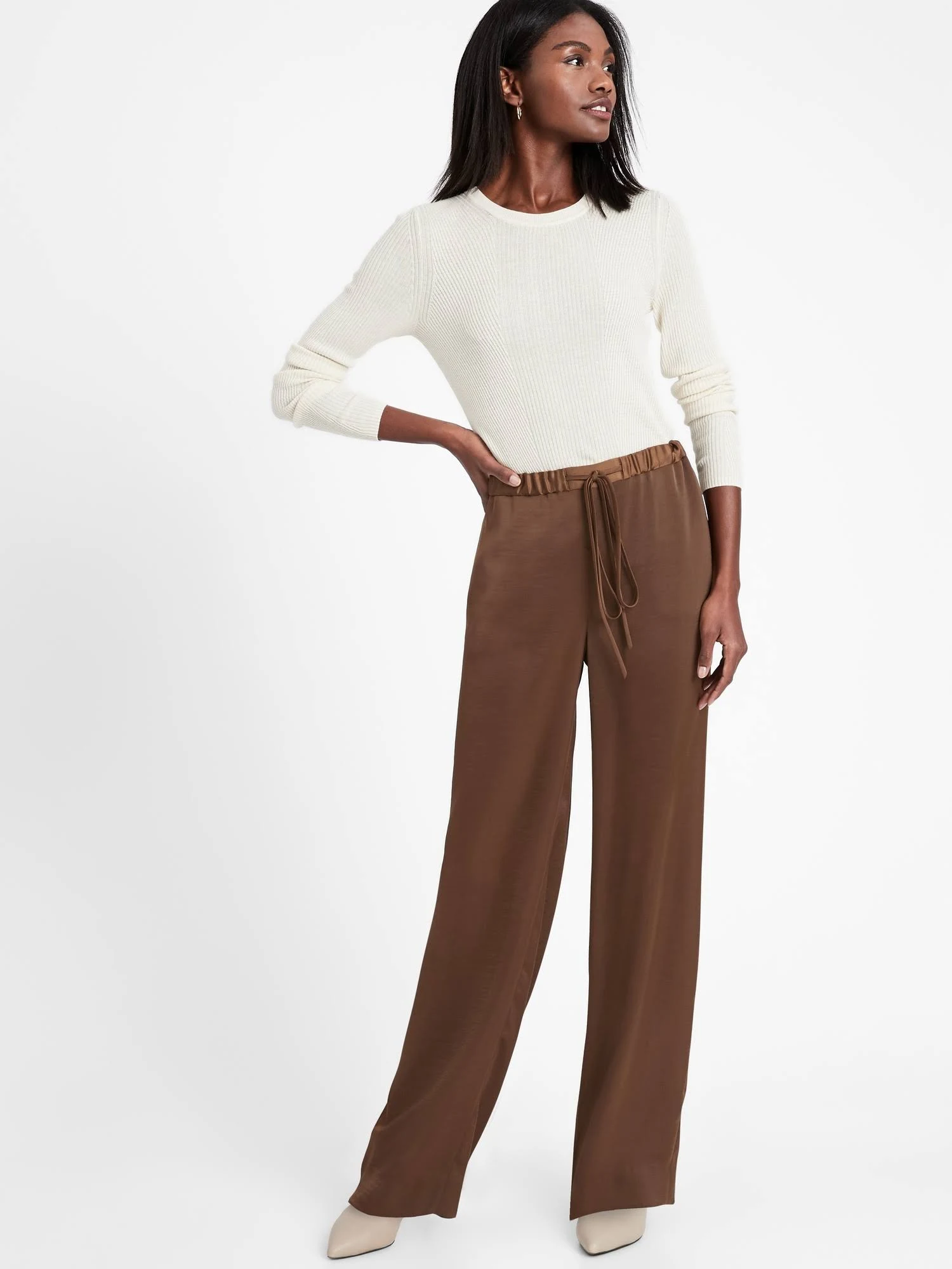 Banana Republic Women's Wide-Leg Satin Pull-On Pant Earth Brown Size Xxs