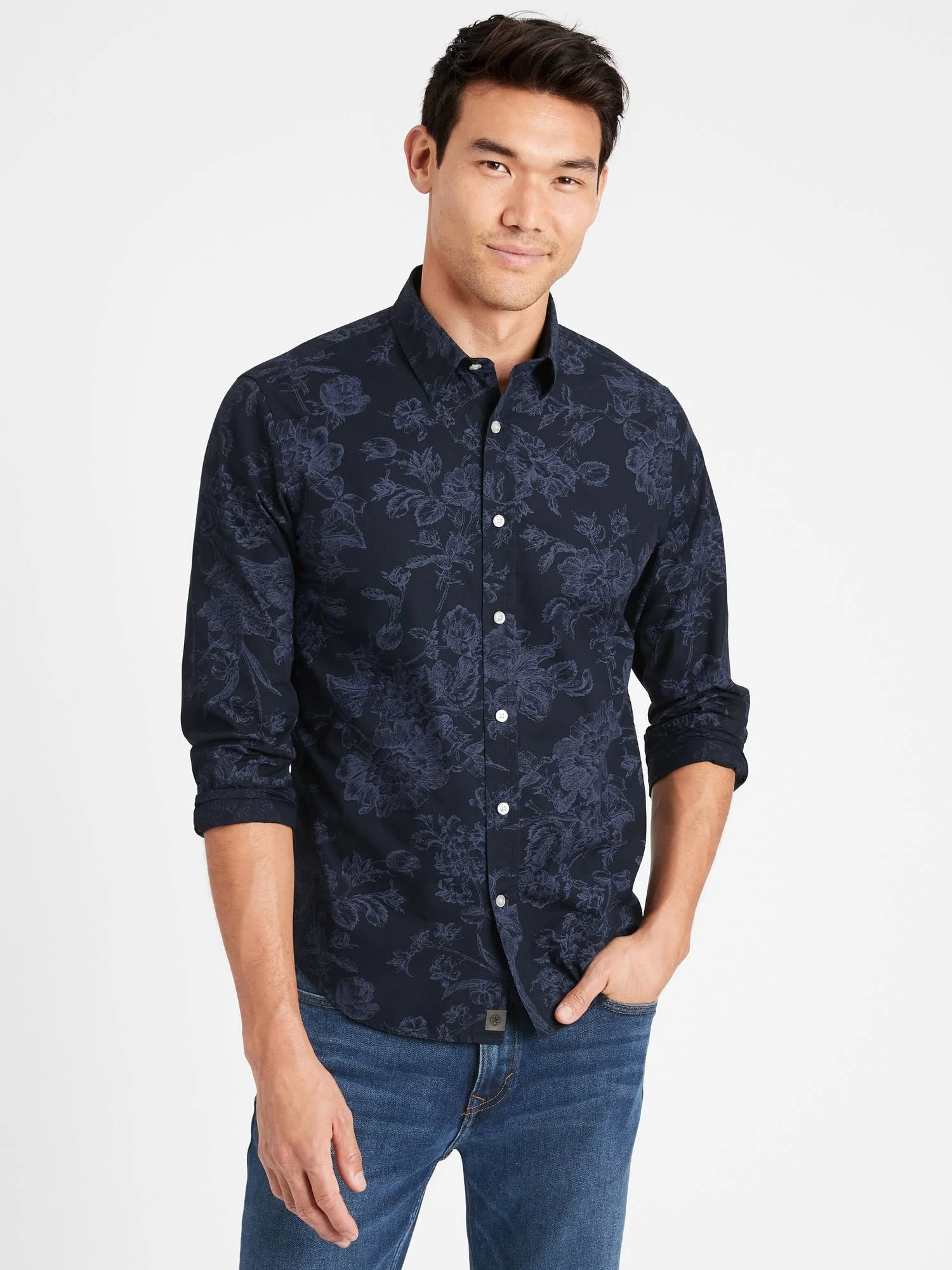 Banana Republic Men's Untucked Slim-Fit Luxe Poplin Shirt Navy Size M