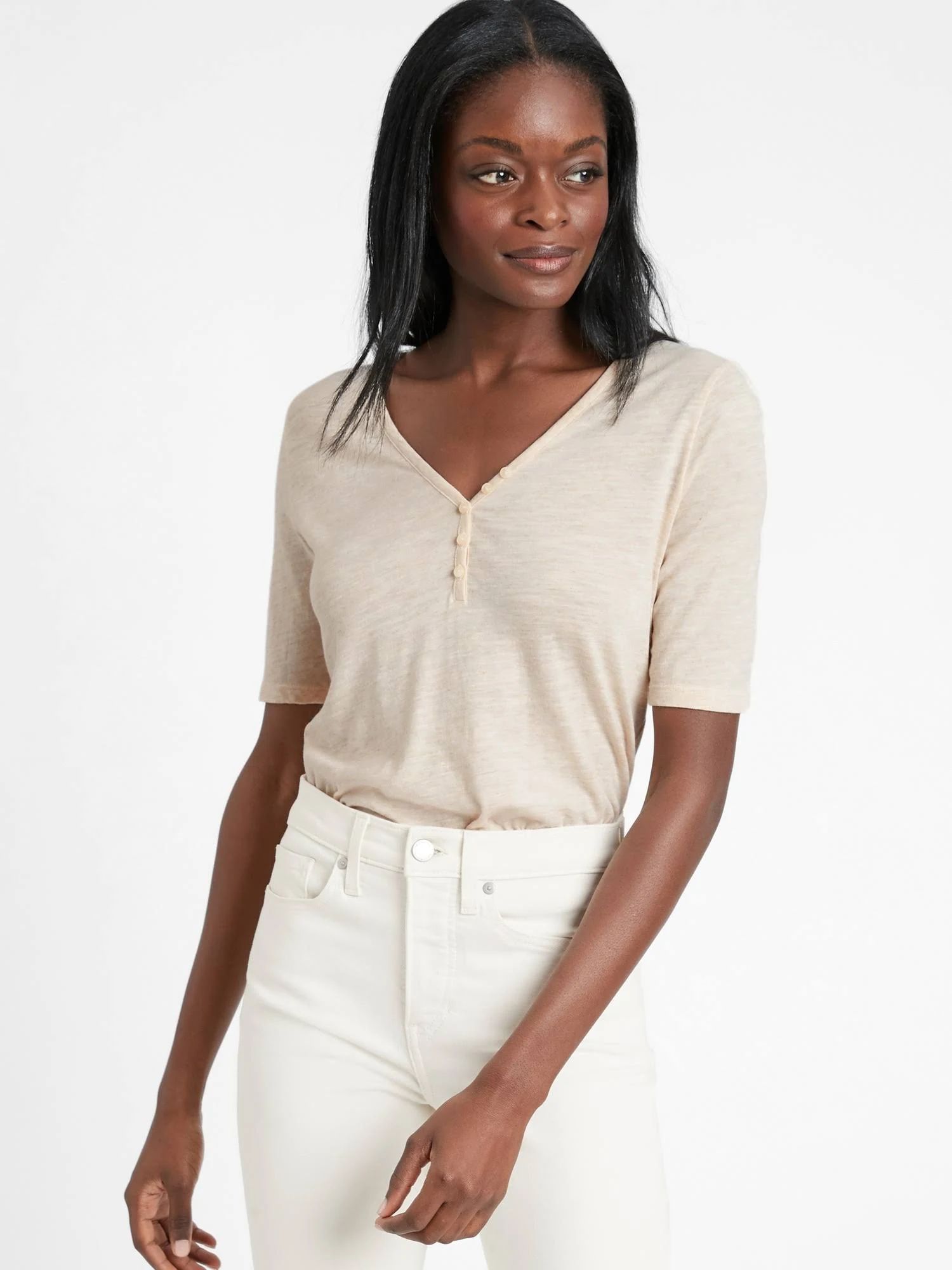 Banana Republic Women's Slub Cotton-Modal Henley T-Shirt Almond Size M