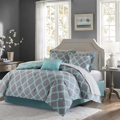 Reversible Comforter Set Size: California King Comforter + 8 Additional Pieces, Color: Aqua/Gray