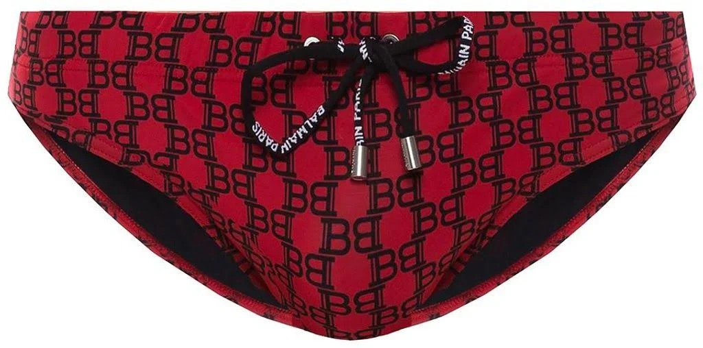 Balmain Patterned Swim Briefs with Logo - Red - Trunks