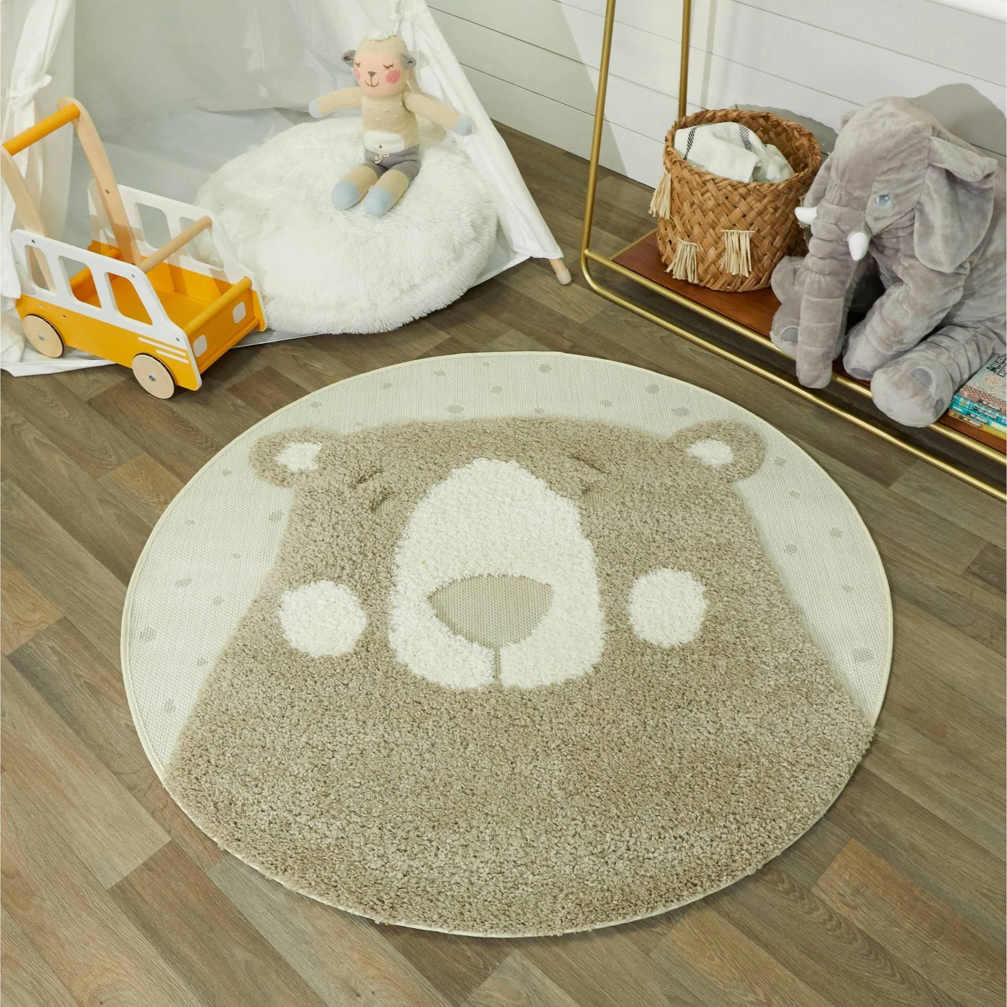 Mod-Tod Polar Bear Round Shag Kids Rug Animal Theme - 3&11x22 Round - Tan