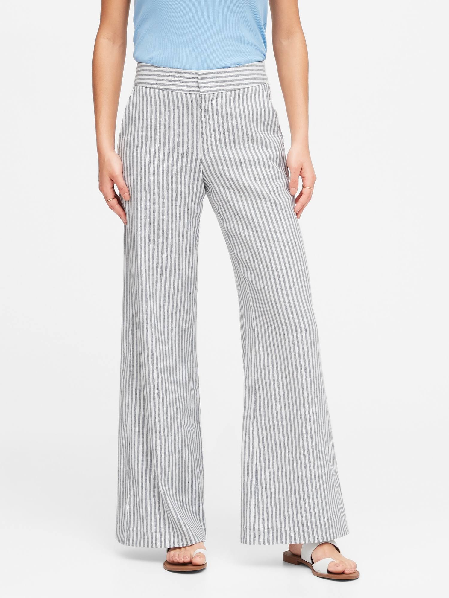 Banana Republic Women's High-Rise Wide-Leg Linen-Cotton Pant Navy Stripe Size 0 Regular