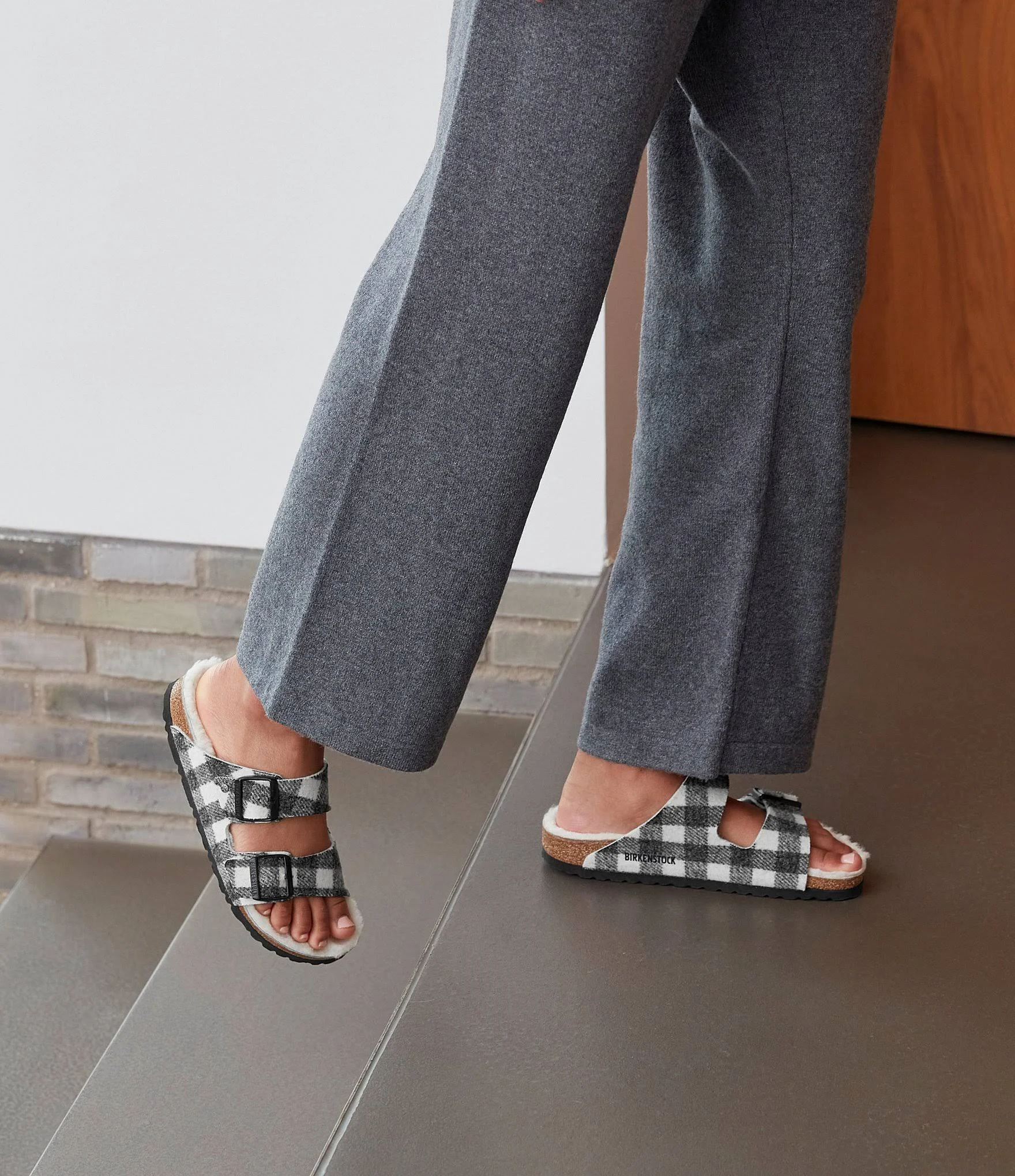 Birkenstock Women's Arizona Shearling Sandals, Plaid White/Natural