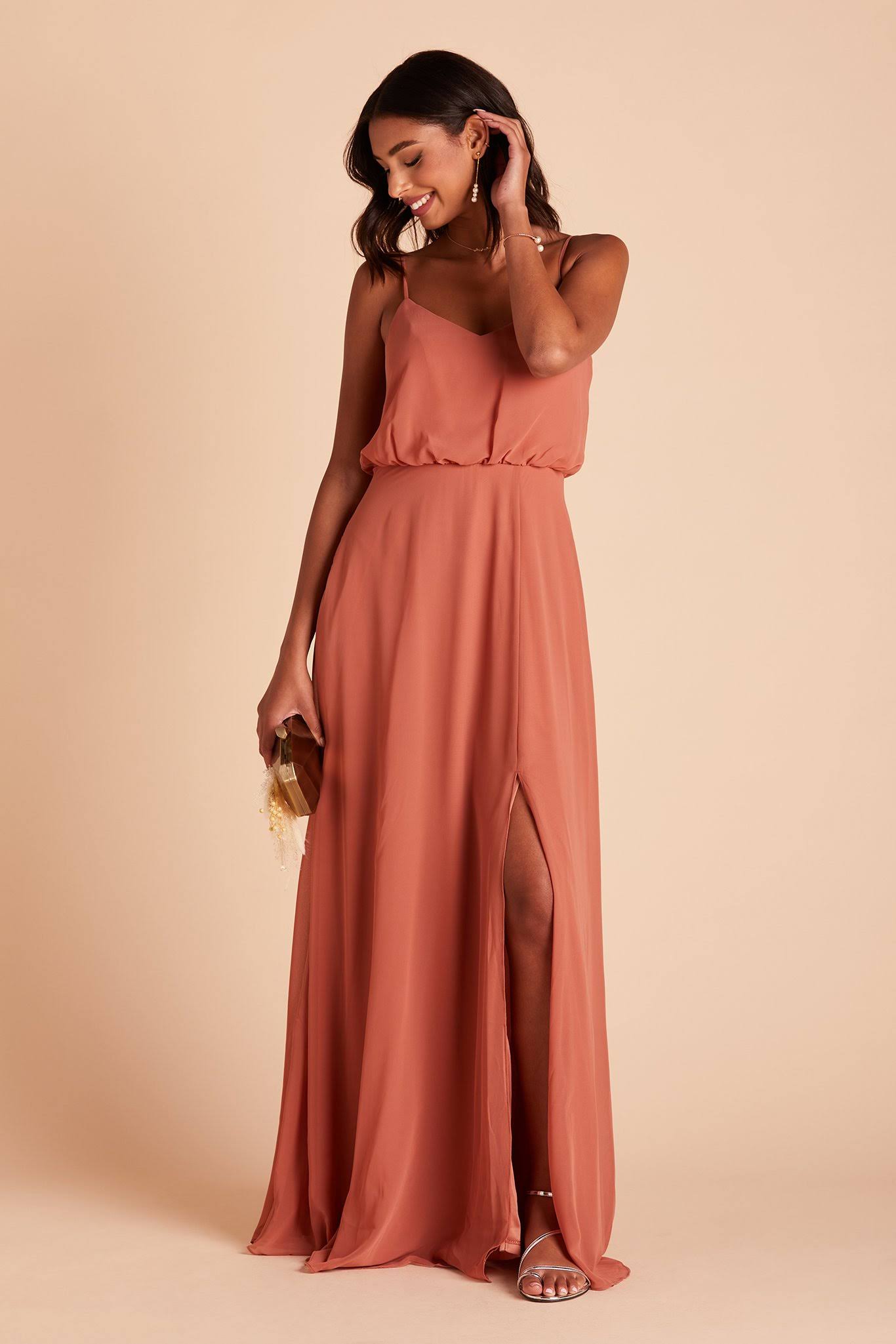 Birdy Grey Gwennie Chiffon Bridesmaid Dress in Terracotta S / Terracotta / No Slit